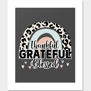 Thankful, Grateful, Blessed, Cute Leopard Rainbow Posters and Art